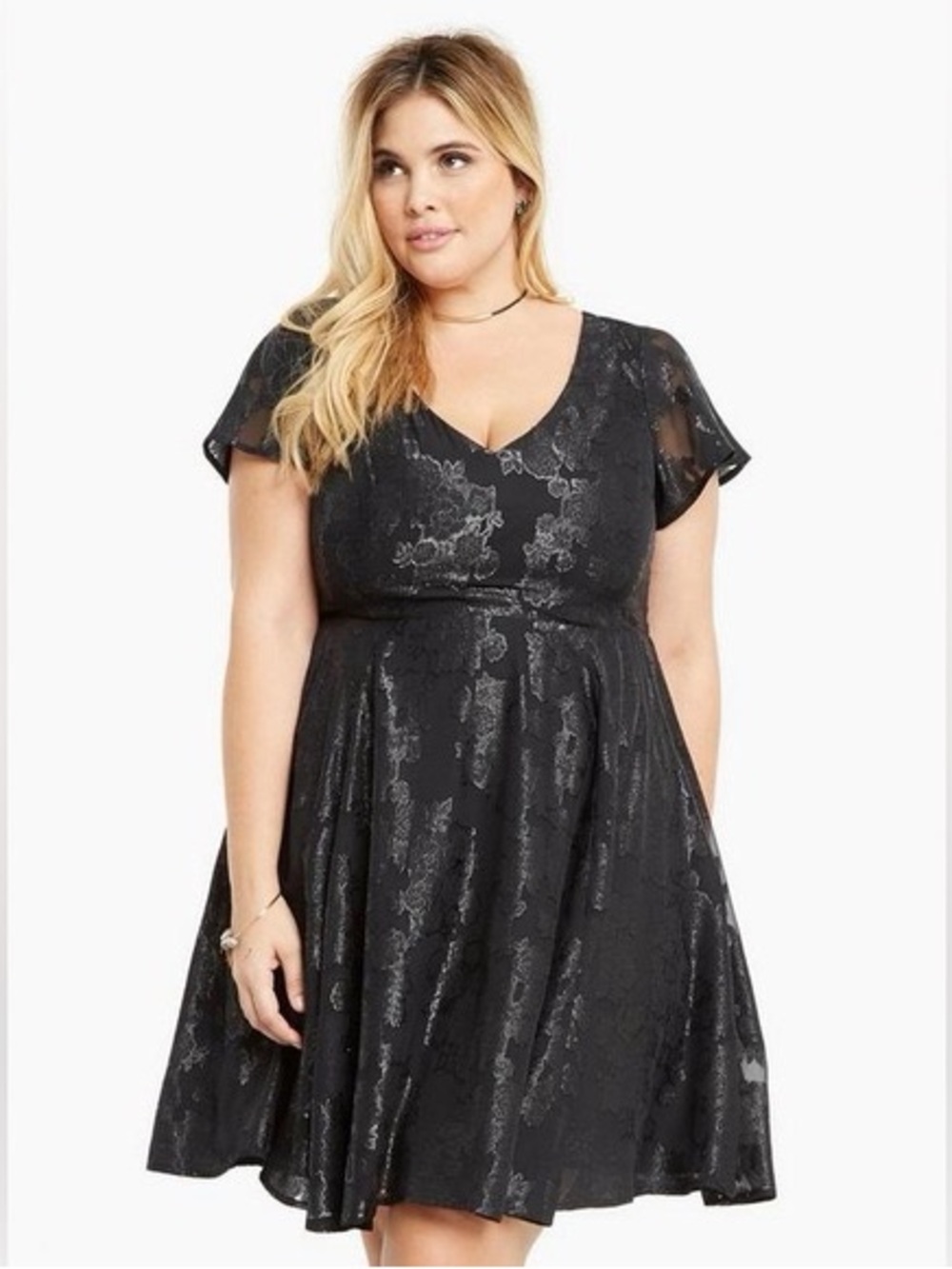 Torrid Whimsigoth Black Lurex Floral Print Chiffon Skater Dress Size 12 NWT